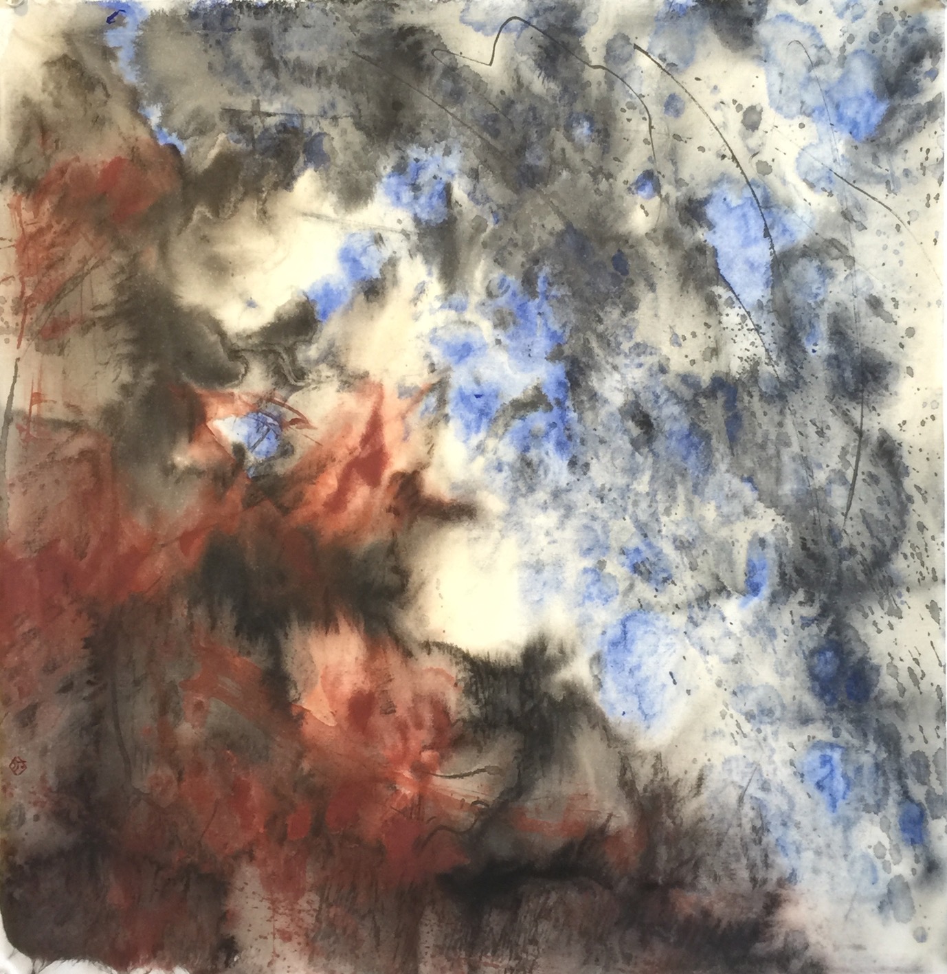 Red Rock in the Blue Air 2 49 X 48 cms sumi ink, acrylic, iron oxide 惑星の誕生 2 墨　アクリル　ベンガラ　　2020